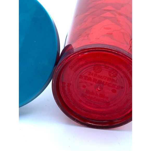 Starbucks Red Flowers Berries Abstract Faceted Cold Cup Tumbler 24 oz with Straw - Picture 2 of 7
